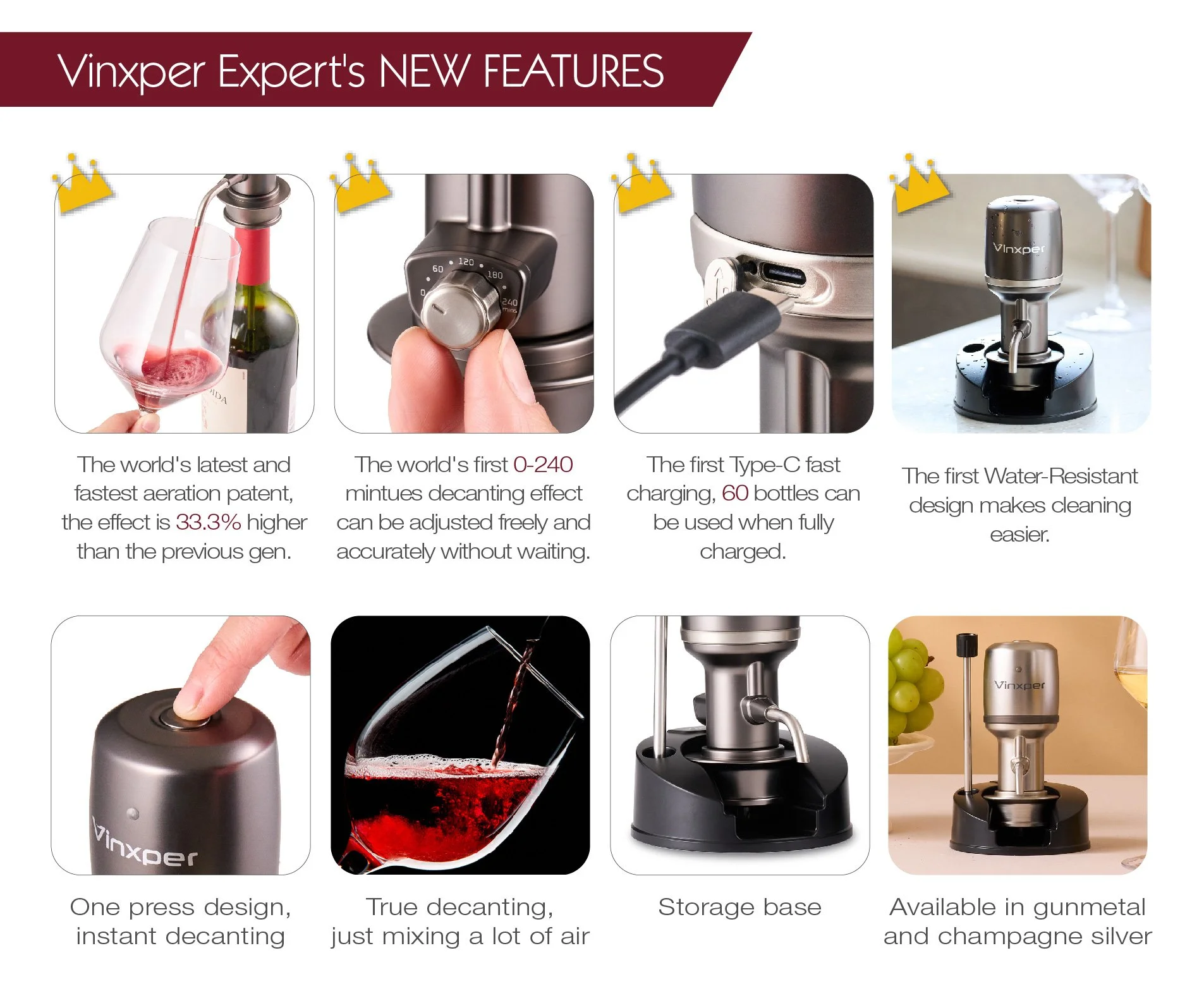Vinxper Expert - Adjustable Electric Wine Aerator (Champagne